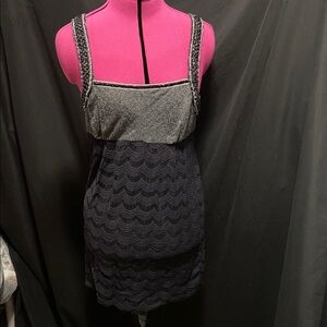 EUC Free People Black gray tweed crochet lace bottom beaded straps dress 8